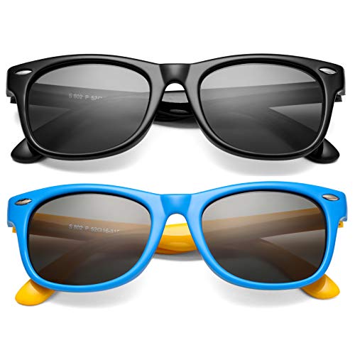 2 Pack Kids Polarized Sunglasses Tpee Unbreakable Flexible Frame For Boys Girls Age 3-8, 100% Uv Protection (Black + Blue Yellow) #TOP6