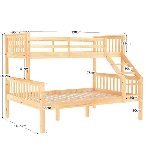 Vida Designs Milan Bunk Bed, Three Sleeper, Solid Pine Wood Frame, Kids Children, Double 4 Foot 6, Single 3 Foot, Natural Pine, Triple