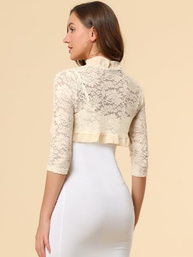 Image of Allegra K Women's Elegant Lace Cardigan Ruffle Collar Crop 3 /4 Sleeve Sheer Bolero Floral Lace Shrug Top