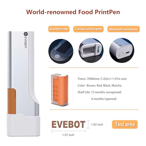 EVEBOT Handheld Food PrintPen Portable Mini Coffee Printer Latte Art Macaron Cookie DIY Design, Bluetooth 4.2-1PCS Black Color