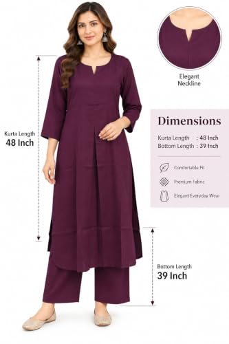 Image of idaLia Rayon Solid Straight Brown Kurta Set for Women with Palazzo 3 /4 Sleeve, Round V Neck Designer Kurta with Palazzo Pant Set