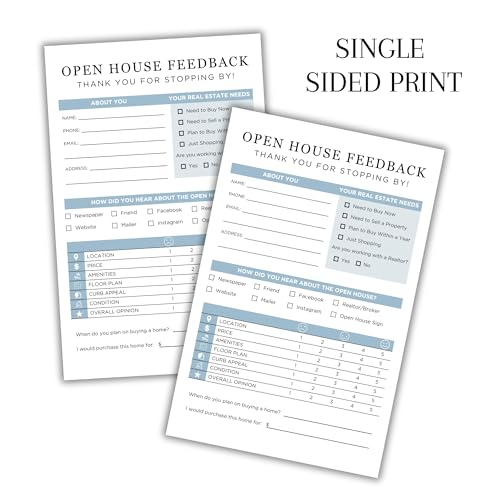 Realtor Open House Feedback Form | 75 pk 5.5 x 8.5” Flyer Client Sign in Sheet Real Estate Agent Home Anniversary Marketing Door Cards