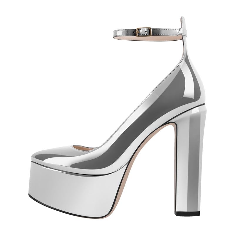VERISSON Round Toe Mary Jane Adjustable Buckle Strap Platform Chunky Heels Pumps Patent Leather High Heel Party Shoes