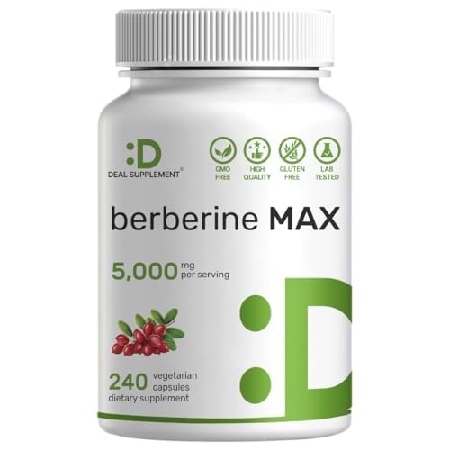 DEAL SUPPLEMENT Berberine Max Supplement with Turmeric, 5,000mg Per Serving, 240 Veggie Capsules β 97% Pure Berberine HCl β 20:1 Turmeric Root Extract β Vegetarian Friendly, Non-GMO