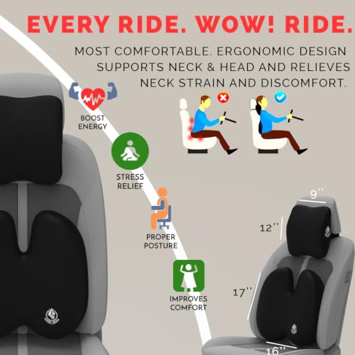 Image of MRRON Series Memory Foam Neck Rest & Extra Lumbar, Relief Pillow, 100% Soft Memory Foam Pillow, Adjustable Strap, Cervical Support for Car Seat. (Black, Backpro)