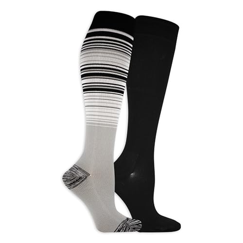 Dr. Scholls Womens Graduated Compression Knee High - 1 & 2 Pair Packs Energizing Comfort And Fatigue Relief Sock, Black Solid-Gray Stripe, 4-10 US