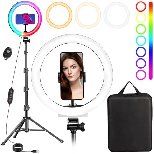 MICCYE Ringlicht mit Stativ und Handyhalter 10" RGB Selfie-Licht | Dimmbares, Gesamthöhe 180cm, mit Transporttasche & Bluetooth-Fernbedienung, USB-Betrieb