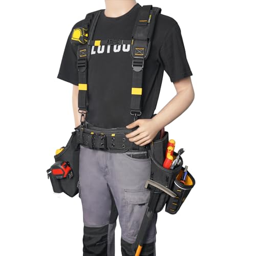 Image of MELOTOUGH Carpenters Tool Belt with Suspenders Professional Tool Belt Combo Organizer With Tool Pouch Suspenders with 32 Pockets and Loops fits 33 inch-47 inchWaist for Electrican /Contractor /Technican(Yellow)