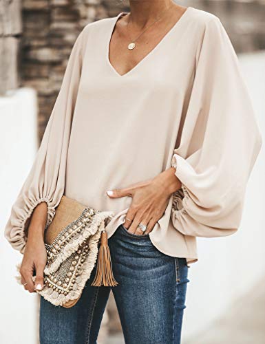 Womens V Neck Chiffon Blouses Casual Balloon Sleeve Fall Shirts Tops S Khaki #TOP2