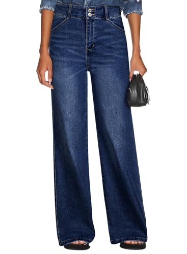 Sidefeel Womens Wide Leg Jeans High Waisted Stretchy Straight Leg Tummy Control Denim Pants Bluing Size 10