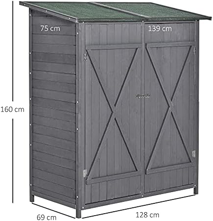 Outsunny Garden Wood Storage Shed w/ Flexible Table, Hooks and Ground Nails, Multifunction Lockable Sheds & Outdoor Asphalt Roof Tool Organizer, 139 x 75 x 160cm, Grey