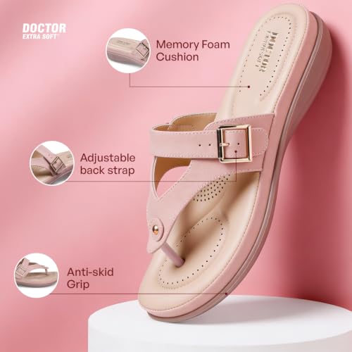 Image of DOCTOR EXTRA SOFT Women's Flat Comfortable Memory Foam Slippers /Flip-Flops Fashion Stylish Casual Diabetic Orthopedic Lightweight Synthetic Slip-on Sandals with Adjustable Strap for Girls /LadiesD-623