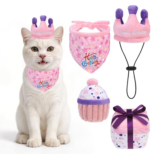 ESGPET Cat Birthday Decorations Catnip Toys for Indoor Cats 4 Pack Cat Birthday Party Supplies with Birthday Hat Bandana Cake & Gift Box Interactive Plush Kitten Toys Filled with Crinkle Paper Catnip