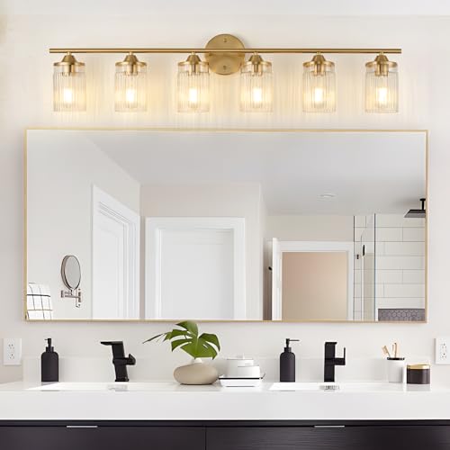 Image of Jonsi Gold Bathroom Light Fixtures 6-Light Vanity Lights Modern Wall Sconce with Clear Glass Shade Brushed Brass Bathroom Light Fixture Over Mirror for Bedroom Hallway Kitchen