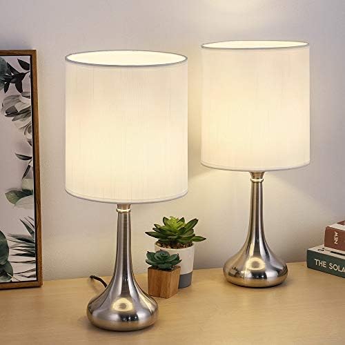 Modern Bedside Table Lamps, Desk Lamps Brushed Nickel Nightstand Lamps with White Fabric Shades for Living Room Family Bedroom Bedside Office(Set of 2)