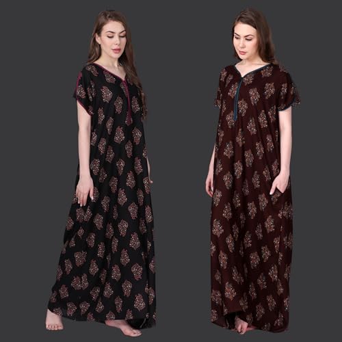 Image of Women's Alpine Botanical Leaves Print Maxi Nightgown with Pocket