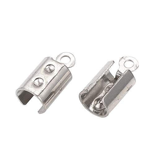 arricraft 100PCS Fold Over Ends, Stainless Steel Cord End, End Caps for Necklace Cord, Tassel, Leather Jewelry Making-Stainless Steel Color