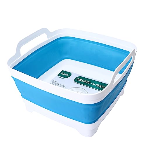 Image of FOSJGO Dish Basin Collapsible with Drain Plug Carry Handles for 9 L Capacity, Collapsible Sink Tub, Dish Wash Basin, Portable Dish Tub, Foldable Dishpan for Camping Dish Washing Tub and RV Sink