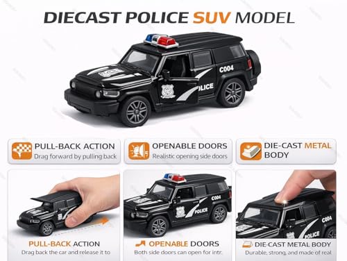 Image of 1:36 Scale Miniature Indian Police Car Model - Die-Cast Metal Pull Back Vehicle with Openable Doors - Alloy Police Toy Car for Kids, Boys & Collectors (Black)