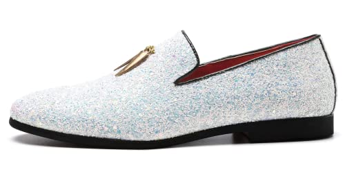 Haza Pairs Mens Smoking Glitter Slipper, Luxury Penny Slip-On Classic Party Wedding Tuxedo Loafers Sparkle Dress Shoes White (12M Us, White) #TOP1