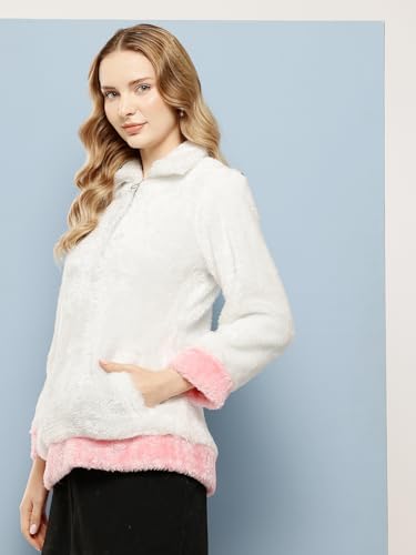 Image of Aarika Womens Winter Wear White-Pink Colour Solid Fur Sweat Shirt