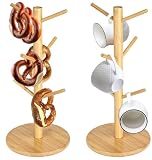 MQWDGJ 2 Stück Brezelständer Holz, Tassenständer, Wurstständer & Brezelhalter mit 6 Armen, Brezelbaum für Restaurant, Café, Bar & Küchendekoration (Rund)