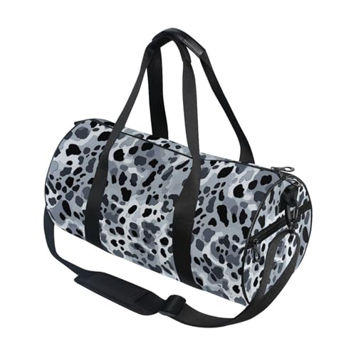 Black Leopard Print Sports Duffel Bag Large Capacity Barrel Gym Bag with Full Print Polyester Fabric, Multiple Pockets and Detachable Strap for Sports Gym and Weekend Getaways