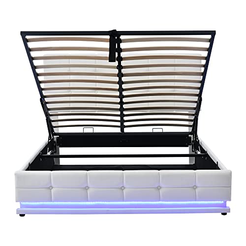 Bellemave Queen Lift Storage Bed With Led Lights And Usb Charger, Pu Upholstered Queen Platform Bed With Hydraulic Storage System For Kids Teens And Adults, No Box Spring Needed (Queen, White) #TOP6