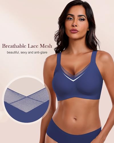 Image of HORISUN Seamless Mesh Lace Bras for Women No Underwire Wireless Bras with Support and Lift Full Coverage Deep V Bralettes