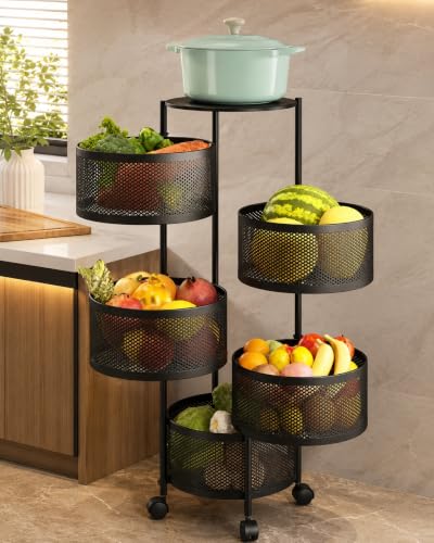 Image of MARKWELL Round Rotatable Kitchen Trolley with Wheels | Vegetable Fruit Onion Storage Rack | Multipurpose Metal Kitchen Organizer Stand | Matt Black (Round - 5 Layer)