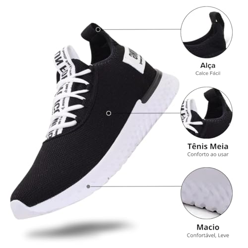 Tênis Masculino Esportivo Para Academia de Caminhada Original Leve Confortável + Relogio (Preto/Bran