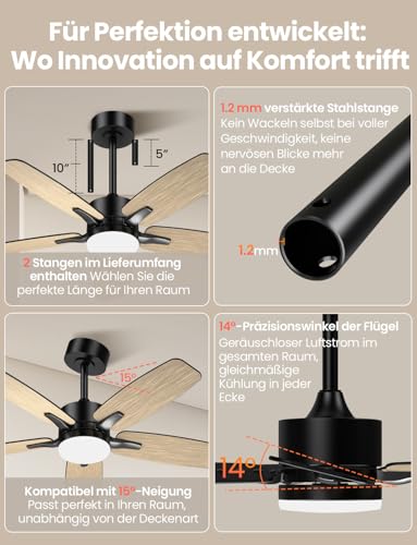 Mefine Deckenventilator mit Beleuchtung und Fernbedienung Leise, 106 cm Deckenventilatoren mit LED Lampe mit 5 Holz Ventilatorflügeln, Holzmaserung/Schwarz, für Schlafzimmer Wohnzimmer, Stangenmontage