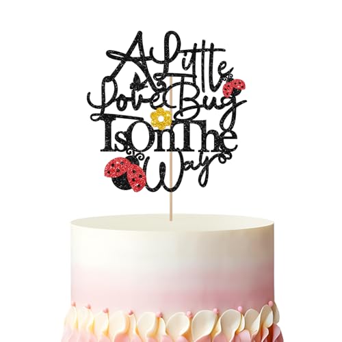 A Little Love Bug is on the Way Cake Topper, Ladybug Baby Shower Cake Decor, Red Glitter Insect Ladybeetle Cake Topper for Girl, Ladybug First Birthday Party Decoration