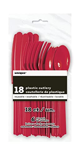 Image of Red Plastic Silverware Set for 6 Guests (18pcs)