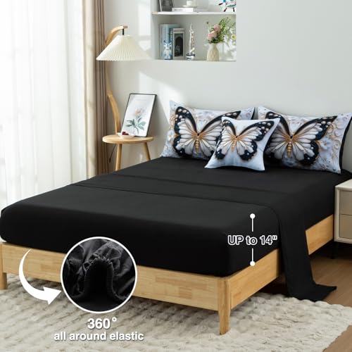 Image of A Nice Night 6pcs Bed in A Bag Black and Glod Dreamy 3D Butterfly Pearl Flower Design, Butterflies Printed Bedding Twin Comforter Set, for Girls Kids Teens