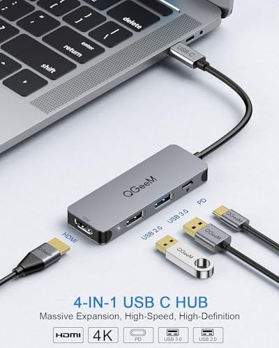 QGeeM USB C Hub 4 in 1 Multi-Port Digital AV Adapter 4K HDMI, 100W Power Delivery, 2 USB-A Data Ports, USB C Dongle Compatible for MacBook Pro Air Ipad HP Dell Lenovo iMac iPhone 15 Pro/Pro etc.