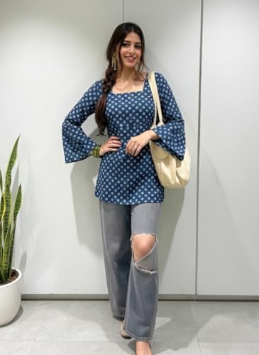 Image of ANNI Designer Women's Viscose Blend Printed Short Kurti | Straight Fit Casual Ethnic Top | Square Neck Full Sleeve Kurta Office College
