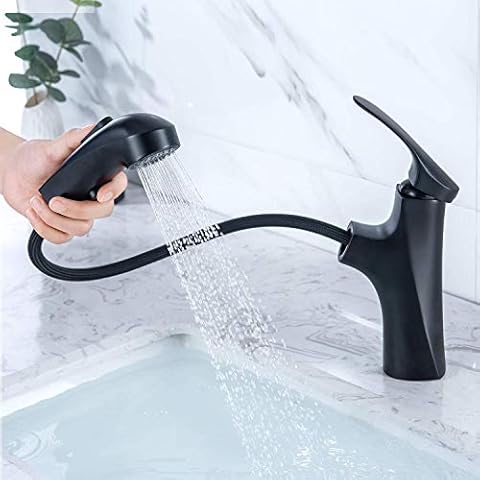 MIAOHUI Matte Black Pull Out Bathroom Faucet, Single Hole Bathroom Sink Faucet with 3 Modes Pull Down Sprayer, One Handle Modern Vanity Faucet, Farmhouse Lavatory Faucet Cover