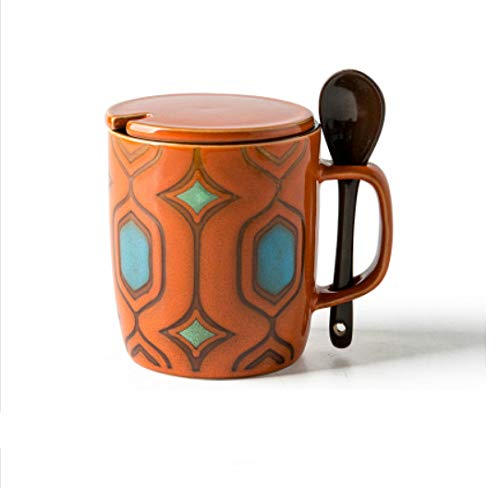Vaso de cerámica pastoral de 410 ml con tapa y cuchara para leche en casa geometría naranja