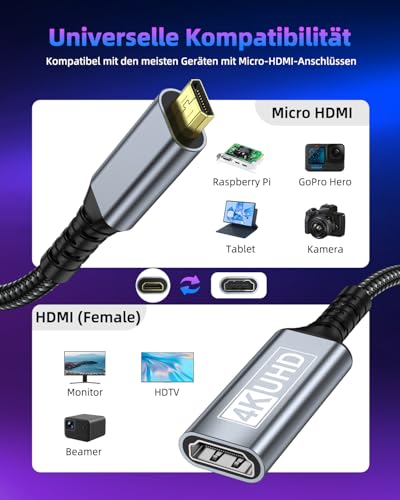 ZEENVIC Micro HDMI auf HDMI Adapter, 4K@60Hz Micro HDMI to HDMI 3D 1080P Typ D auf A Adapterkabel Kompatibel mit Raspberry Pi 5/4, Kamera A6300 A6400, HDR und ARC, ODROID, Hero usw