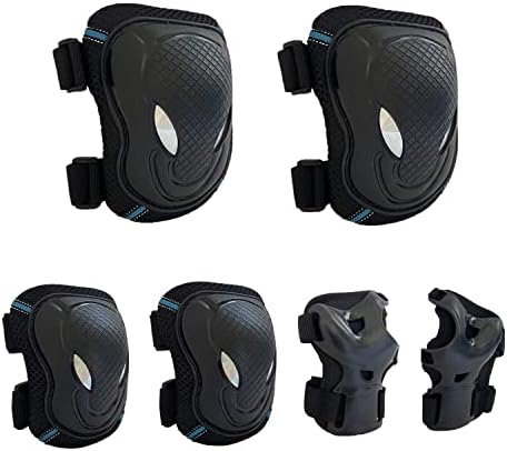 Protective Knee Pads Set 6 Pack Protective Gear Set with Knee Wrist Elbow Safety Pad kit for Kid Children Teenager Skating, Cycling, Skateboard, Rollerblading, Scooter, BMX (Black)