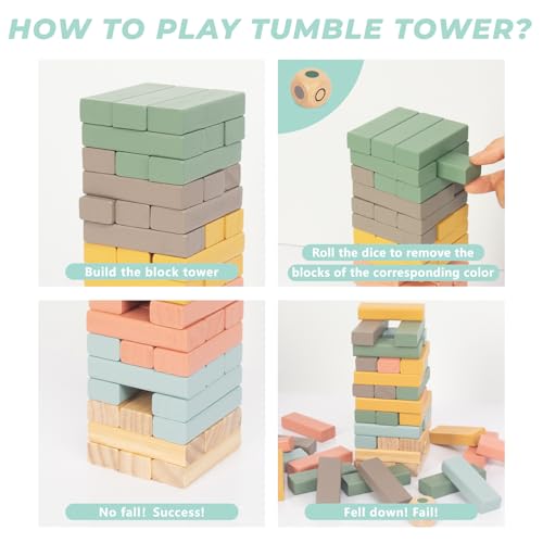 Wooden Blocks Stacking Games, 48PCS Tumbling Stacking Blocks Game for Kids and Families, Wood Colorful Balancing Blocks Montessori Toys for Kids - Image 3