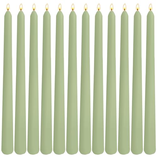 12-Pack Sage Green Taper Candles, 10 Inch Unscented Dripless Candlesticks, Long-Lasting Burn Time of 7-8 Hours, Perfect for Home Décor, Spring and St. Patrick's Day