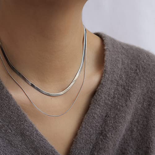 Tewiky Silver Layered Necklaces For Women, Dainty Silver Choker Necklaces Layering Herringbone Necklaces Simple Silver Chain Necklaces For Women Trendy Silver Jewelry Gifts For Girls #TOP7