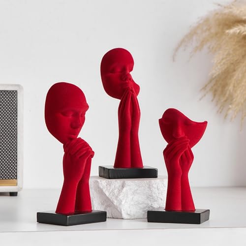 FUNTEREST Modern Prayer Statues Sculptures Home Decor, Set of 3 Red Hand Velvet Figurines, Abstract Art Resin Sculptures for Living Room Office Shelf Table Decor
