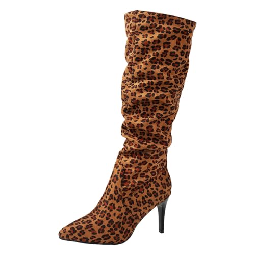 Bottes mi-mollet léopard plissées avec talon haut élancé