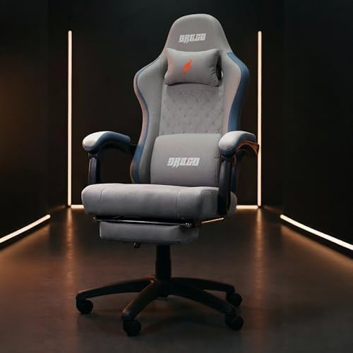DROGO Throne Ergonomic Gaming Chair with Linkage Armrest, Footrest, Adjustable Seat & Fabric | Computer Chair with Head & Massager Lumbar Support Pillow | Home & Office Chairs with Recline (Grey)