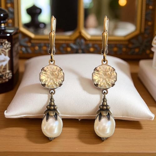 Vintage Lever back Earrings for Women Simulated Pearl Austrian Crystal Dangle Drop Victorian Antique Inspired - Jewelry Gift for Her4
