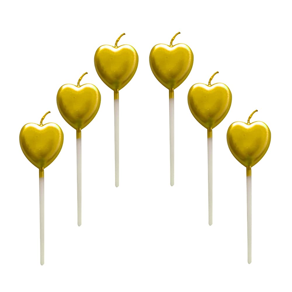 Lahviuu Gold Heart Birthday Candles,6 Pcs Metallic Exquisite Cake Candles For Birthday Wedding Party Cupcakes Topper Decorations Anniversary Valentines Day,