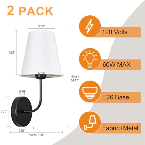 Image of Modern Hardwired Wall Sconce Set of 2 - Matte Black Finish with White Fabric Shades,Farmhouse Bedroom & Living Room Lighting, Hallway, Fireplace, Bathroom